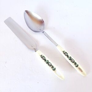 Vintage Androck Floral Handle Serving Spoon & Spatula Utensil Set, Mid-Century